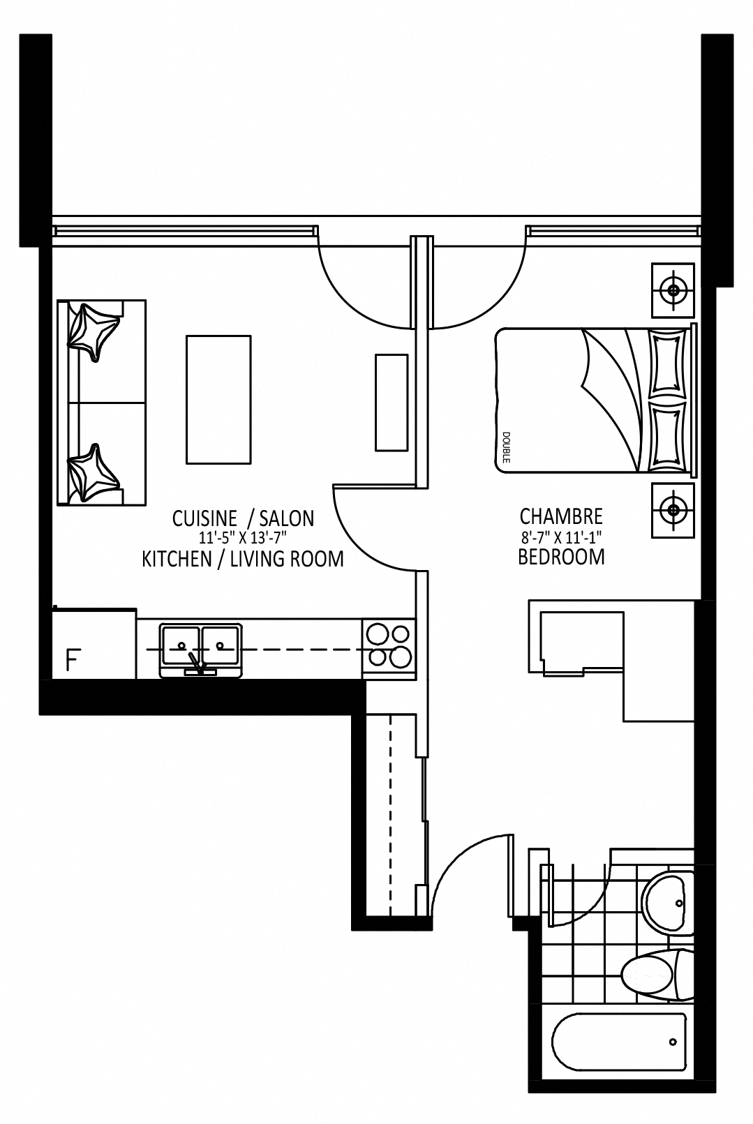 Floor plan for 1 bed, 1 bath, 395 sqft